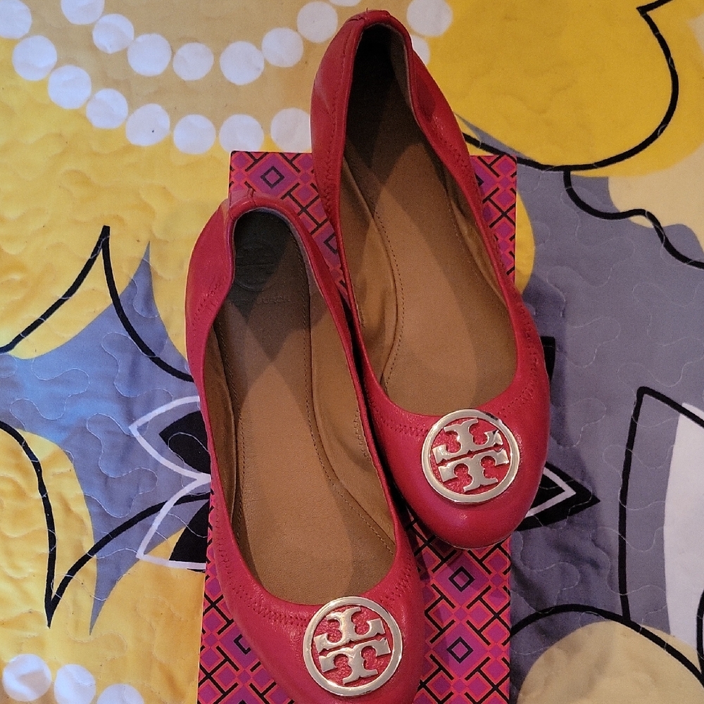 Tory Burch Red Flats with Gold Logo